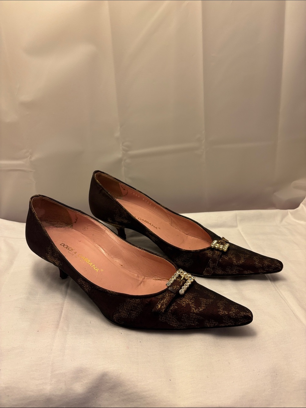 Dolce & Gabbana Brown Patterned Pointed Kitten Heels with Crystal Buckle